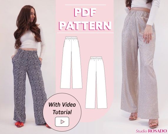 Womens High-waist Wide Leg Pants, Elastic Waist & Pockets Iris Palazzo  Trousers EU 34-44 PDF Sewing Pattern A0, A4, US Letter 