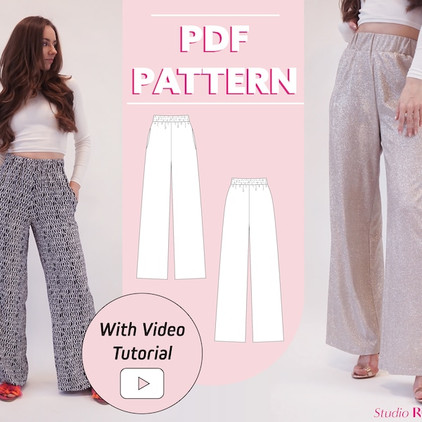 Womens high-waist wide leg Pants, elastic waist & pockets | Iris Palazzo Trousers | EU 34-44 | PDF sewing pattern | A0, A4, US letter