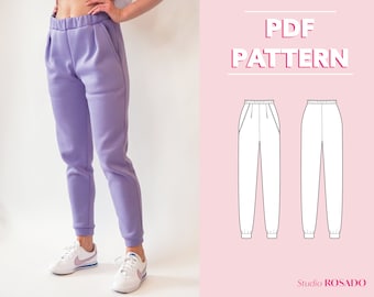 Womens high-waist sweatpants, elastic waist & pockets | Melian Joggers | US 2-12 | PDF sewing pattern | A0, A4, US letter