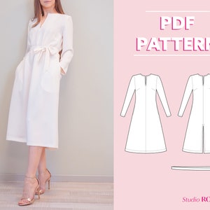 Vestido midi elegante para mujer con mangas largas, bolsillos y cinturón / Vestido Kalliste / EU 34-44 / Patrón de costura en PDF / Estampado en letras A0, A4 y EE. UU.