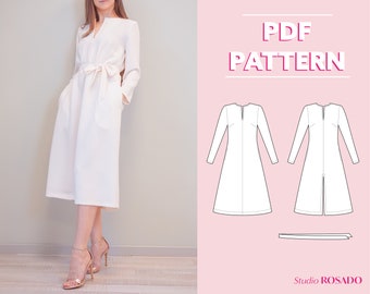 Womens elegant midi dress with long sleeves, pockets & belt | Kalliste dress | EU 34-44 | PDF sewing pattern | A0, A4, US letter print