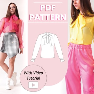 Womens Bow Tie Blouse | Marianne blouse top | PDF sewing pattern | Instant Download | US 2-12 | A0, A4, U.S letter, Printshop
