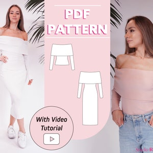 Patrón de costura para top con hombros descubiertos y vestido midi: jersey elástico (tallas 0-20 de EE. UU.) (patrón en PDF)