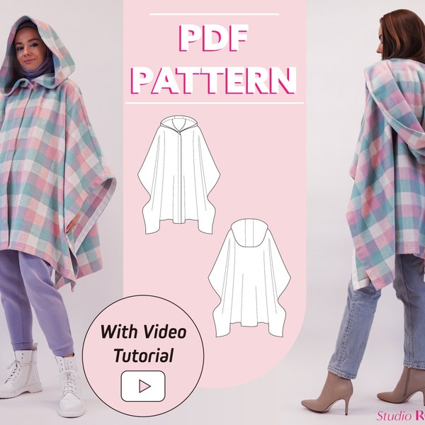 Hooded poncho cape | Cybele adults cape with a hood | One size | PDF sewing pattern | A0, A4, US letter