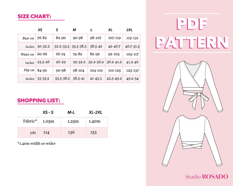May include: A size chart and shopping list for a PDF sewing pattern for a white long-sleeved wrap top. The chart includes measurements in inches and centimeters for sizes XS-2XL. The shopping list includes fabric requirements in yards and meters.