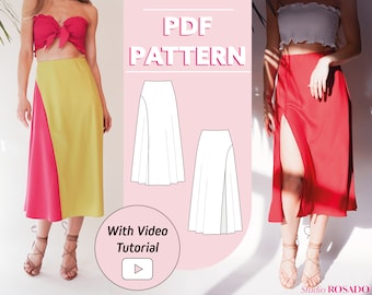 Womens bias cut midi skirt with a slit | Mila silk satin skirt pattern with tutorial | US 0-20 | PDF sewing pattern |A0, A4, US letter print
