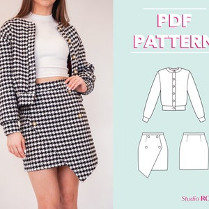 Bundle | Womens asymmetric mini wrap skirt & bomber jacket with lining, buttons | US 2-12 | PDF sewing pattern co-ord set | A0, A4,US letter