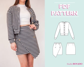 Bundle | Womens asymmetric mini wrap skirt & bomber jacket with lining, buttons | US 2-12 | PDF sewing pattern co-ord set | A0, A4,US letter