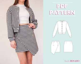 May include: A PDF pattern for a black and white houndstooth jacket and skirt set. The pattern includes a cropped jacket with a button closure and a skirt with a wrap design and buttons. The text "PDF PATTERN" is displayed in pink on a light blue background. The text "Studio ROSADO" is displayed in pink on a white background.