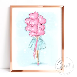 Fashion girl in tutu skirt holding pink ballons, Fashion Art Printable Illustration
