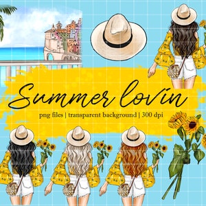 Summer Lovin Clipart, girl with sunflowers clipart set, perfect for scrapbooks and printables, planners, wall art and gifts