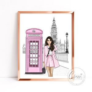 Pink Suit fashion girl in London at pink telephone booth, Fashion Art Printable Illustration