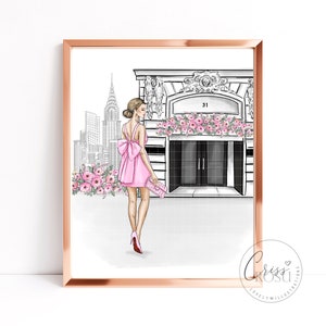 Fashion Girl in Pink Dress with bow walking into the restaurant, Fashion Art Printable Illustration