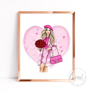 Fashion Girl with pink outfit and magenta berette with pink heart in the background, Fashion Art Printable Illustration