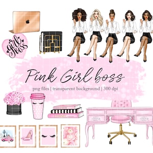 Pink Girl Boss at her desk with flowers, books and laptop clipart set, perfect for scrapbooks and printables, planners