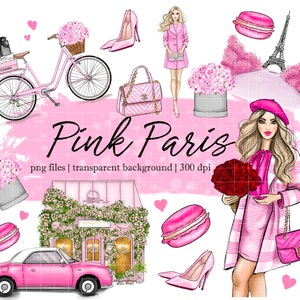 Pink Paris Clipart, flowers boxes and ballons in front of Eiffel Tower, macarons, pink outfits