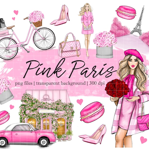 Pink Paris Clipart, flowers boxes and ballons in front of Eiffel Tower, macarons, pink outfits