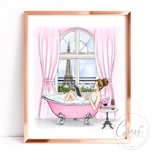Fashion Girl relaxing in a pink bathtub, Fashion Art Printable Illustration