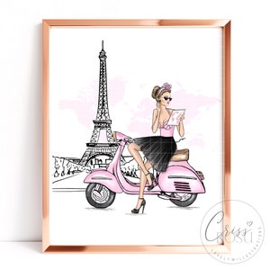 Fashion girl in on a pink scooter in Paris, Fashion Art Printable Illustration