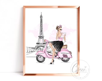 Fashion girl in on a pink scooter in Paris, Fashion Art Printable Illustration