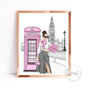 Elegant dressed fashion girl in London at pink telephone booth with peonies, Fashion Art Printable Illustration