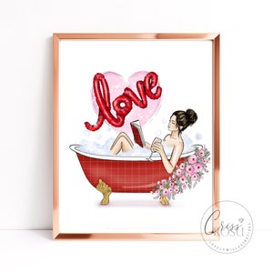 Girl relaxing in red bathtub and drinking prosseco , Fashion Art Printable Illustration