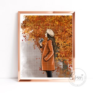 Fashionista Photographer with camera and orange coat, Fashion Art Printable Illustration