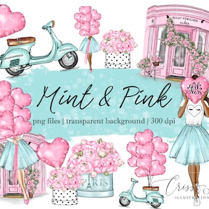 Fashion girl in front of a pink shop with flowers clipart set, perfect for scrapbooks and printables.