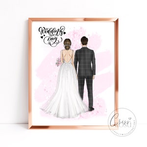 Wedding Day Fashion Illustration with bride and groom, Fashion Art Printable Illustration