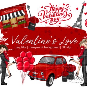 Imágenes prediseñadas del día de San Valentín con pareja amorosa, Red Shop y Red Car en París