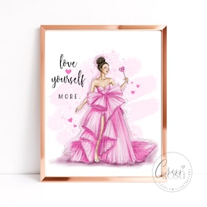 Fashion girl in stunning pink elegant ruffle dress, Fashion Art Printable Illustration