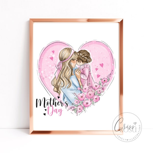 Mother's Day fashion mother in love with her baby girl, Fashion Art Printable Illustration