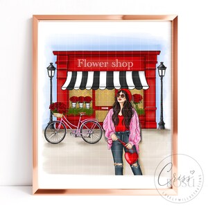 Fashion girl holding a heart shaped bag at red shop full of flowers, Fashion Art Printable Illustration