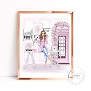 Boss Lady with pink telephone at the office, Fashion Art Printable Illustration