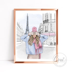 Winter in Paris mit einem Modemädchen, das pastellfarbene und gestrickte Handschuhe trägt, Fashion Art Druckbare Illustration