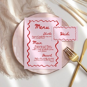 Wavy Menu + Place Card Template, Hand Painted Menu, Editable Wedding Menu Cards, Wavy Border Placecard Template, Dinner Menu, Escort Cards