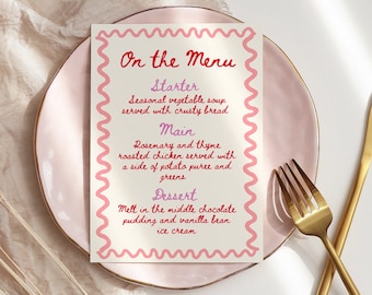 Bright Wavy Red + Pink Menu Template, Colorful Handwritten Menu, Editable Wedding Stationery, Wavy Border Squiggle Painted Menu Editable