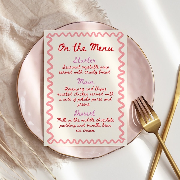 Modèle de menu lumineux rouge ondulé + rose, menu manuscrit coloré, papeterie de mariage modifiable, menu peint de gribouillis de bordure ondulée modifiable