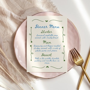 Golvende hartrand blauw + groen menusjabloon, kleurrijk handgeschreven menu, bewerkbare menusjabloon, golvende rand handgeschilderde voedselmenu aangepast
