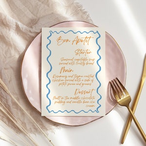 Modello menu ondulato blu + arancione, menu dipinto a mano, menu per addio al nubilato, cancelleria per matrimonio modificabile, carte menu ondulate, menu cena modificabile