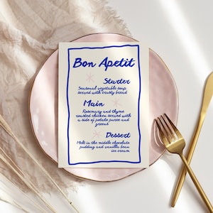Blauwe handgeschilderde menusjabloon, handgeschreven dinermenu, bruidsdouchemenu, bewerkbare bruiloftsstationaire, helderblauwe randmenukaarten