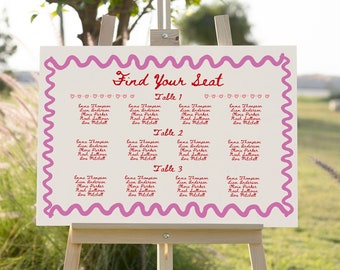 Pink + Red Wavy Seating Plan Sign Template, Pink Hand Drawn Find Your Seat Sign, Editable Custom Sign, Wedding Table Plan Sign Template