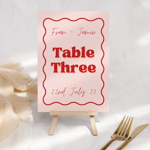 Pink + Red Wavy Border Table Numbers Template, Custom Wedding Table Numbers, Pink Red Modern Retro Wedding Table Names, Editable Table Names