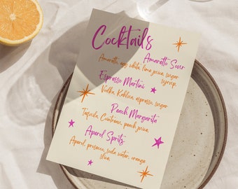 Bright Drinks Menu Template, Colorful Handwritten Cocktail Menu, Editable Bar Menu, Editable Wedding Menu Card, Hand Painted Custom Bar Menu