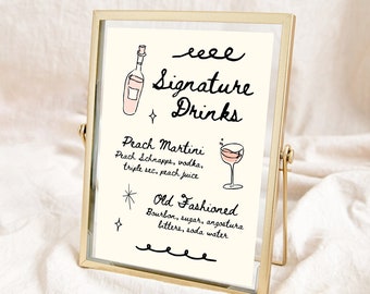 Signature Drink Sign Template, Custom Signature Drink Bar Sign, Illustrated Modern Signature Cocktail Sign, Editable Bar Sign Template