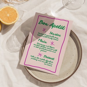 Roze + groene handgeschilderde menusjabloon, handgeschreven dinermenu, bruidsdouchemenu, bewerkbare bruiloft stationair, aangepaste bruiloft menukaart