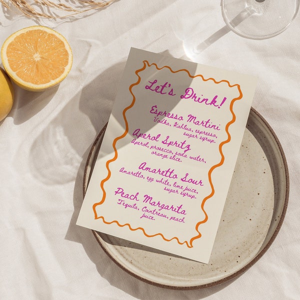 Modèle de menu de boissons ondulées lumineuses, menu de cocktails manuscrits colorés, menu de barre modifiable, papeterie de mariage modifiable, menu de barre peint à la main