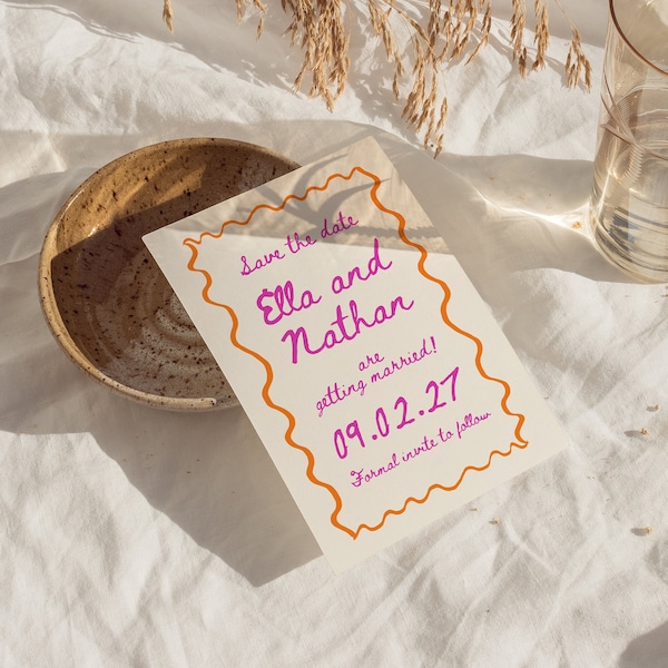 Bordure ondulée rose + orange Save The Date, Bright Save The Date Template, Papeterie de mariage modifiable, Save Our Date, Save The Date imprimable