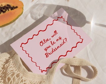 Rosa + Rot gewellte Brautjungfer Vorschlag Kartenvorlage, bunt handbemalt werden Sie meine Brautjungfer Karte, bearbeitbare Hochzeit stationär
