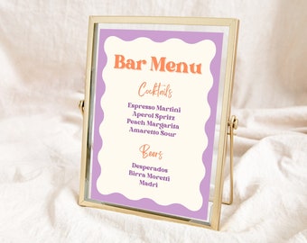 Modern Wavy Bar Menu Template, Lilac + Peach Bar Menu Sign, Editable Bar Menu, Editable Wedding Drinks Menu, Modern Retro Cocktail Menu Sign